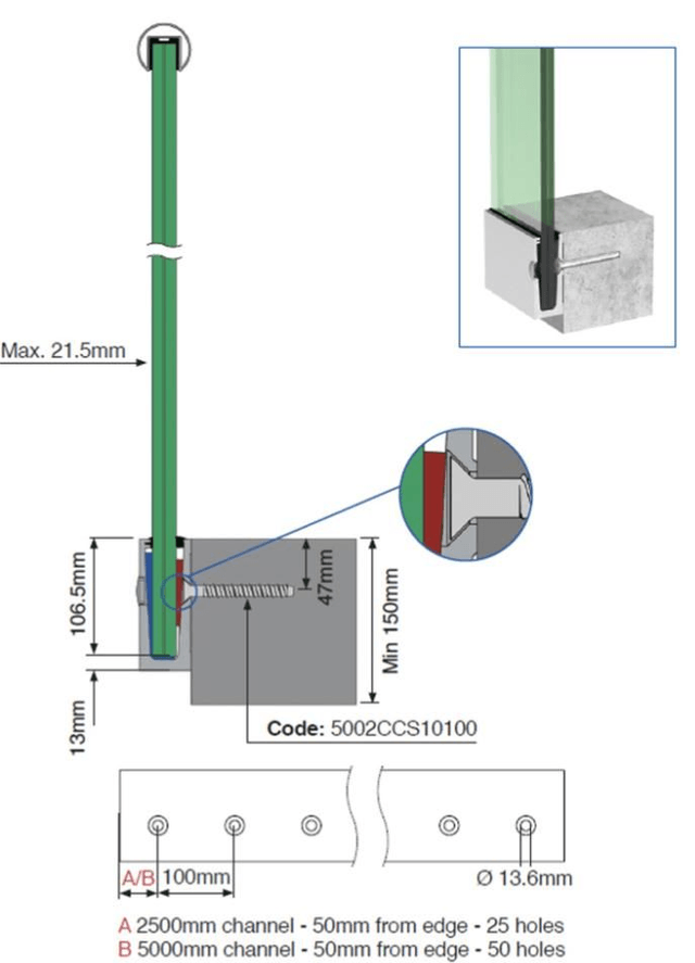 2.5m Silver Slim Balustrade Channel System BASE FIX